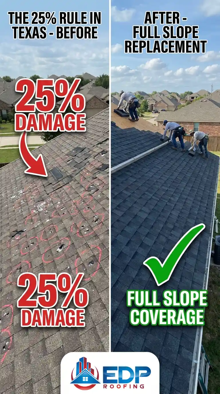25-percent-hail-damage-with-replacement-on-dallas-home Illustration of before and after 25% rule in roofing