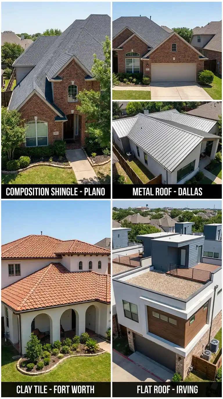 dfw-roof-types-installation dfw roof types illustration - composition shingle, metal roof, clay tiles, flat roofs