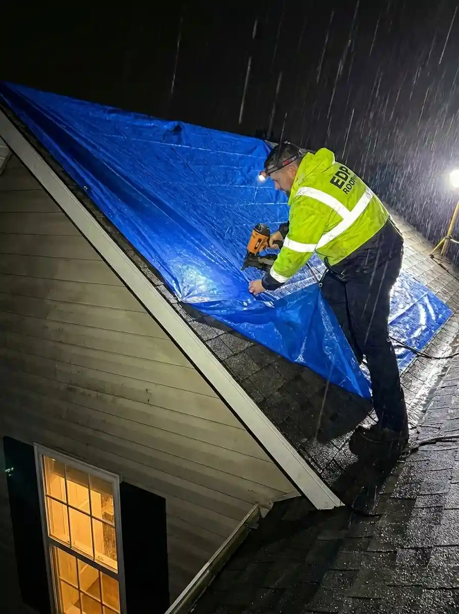 emergency-roof-tarping-prevent-water-damage Service illustration of EDP's 24/7 emergency roof tarping and temp repairs