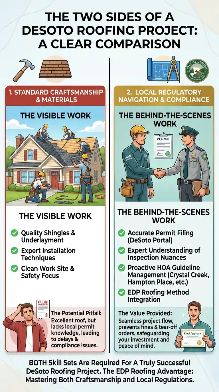 comparison-table-craftsmanship-and-local-regulations-edp-roofing-desoto Showing necessity of hiring a local professional who knows the regulations and compliance requirements in DeSoto