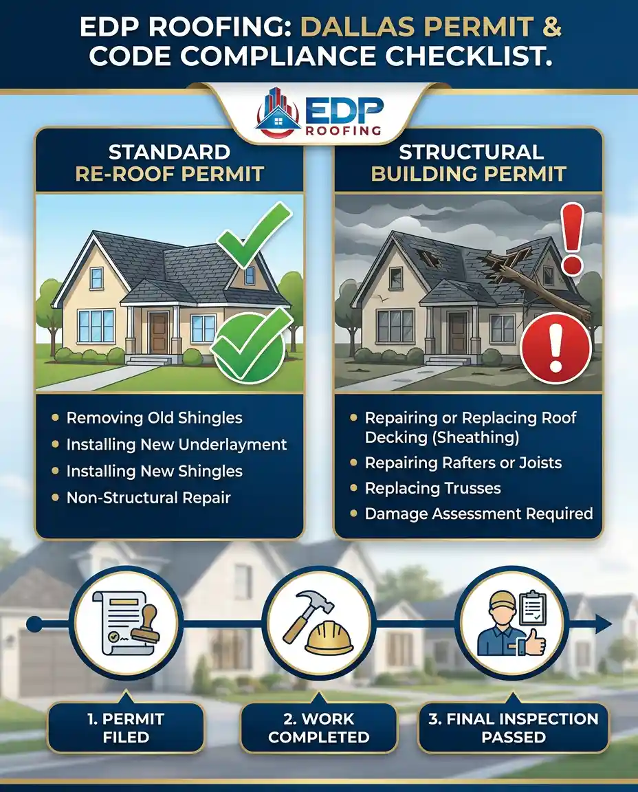 dallas-permit-code-compliance-checklist-for-roofing Service illustration of a modern architectural checklist comparing Standard Re-Roof and Structural Building permits for Dallas, TX properties, illustrating EDP Roofing's code compliance standard.