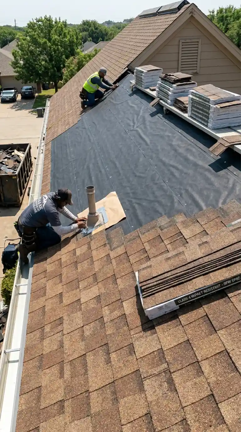 edp-providing-full-roof-replacement-dallas-home Service illustration of full roof replacement with class 4 impact resistant shingles