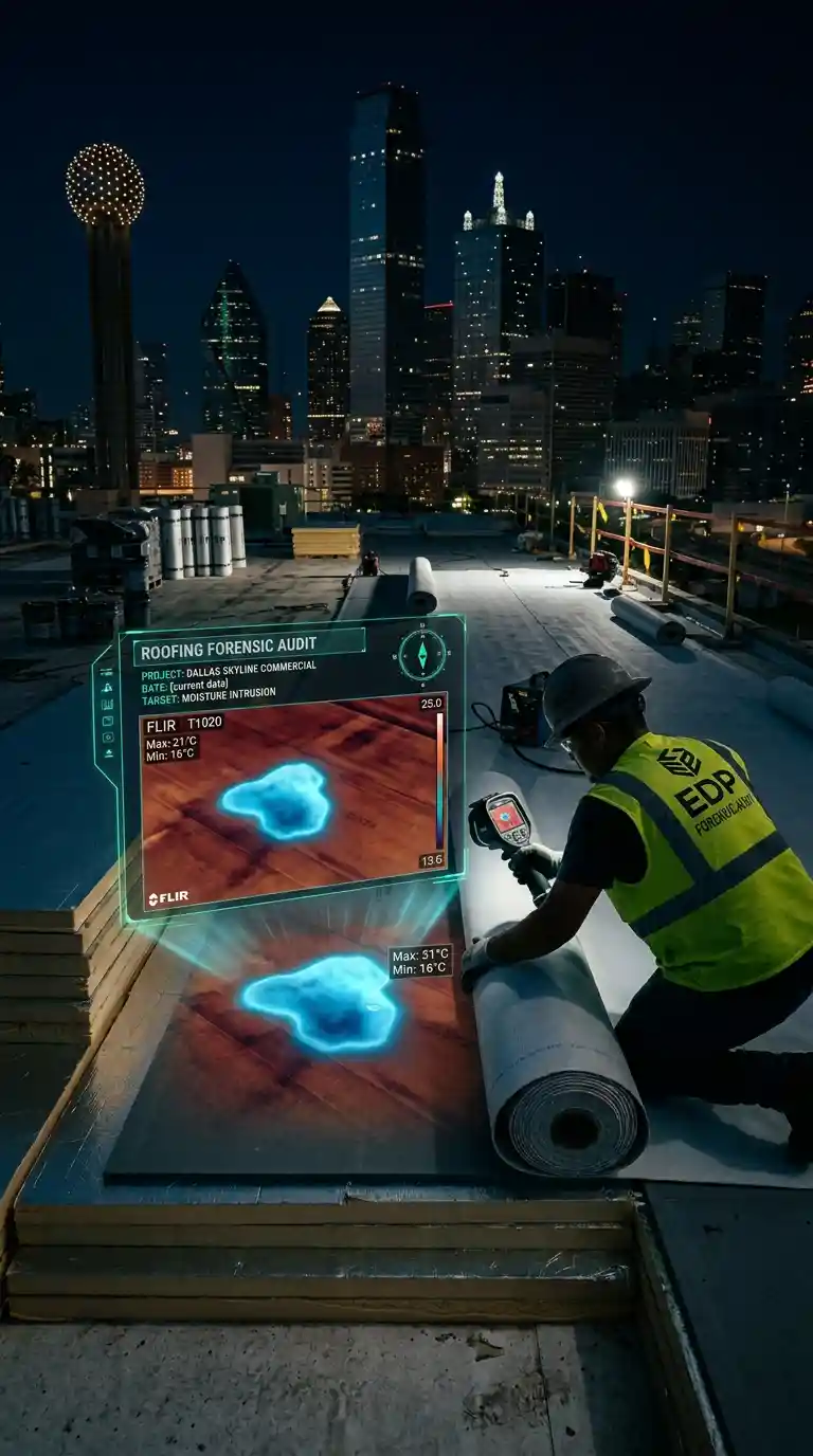 Illustration of an EDP commercial roofing specialist is using a handheld FLIR thermal imaging camera, which shows a glowing blue 'moisture pocket' under the membrane