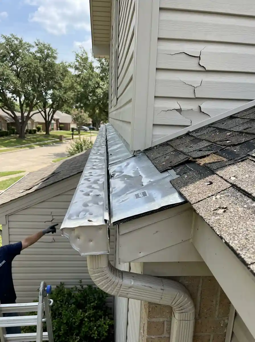 hail-damaged-siding-and-gutters-north-tx check gutters and siding after a hail storm