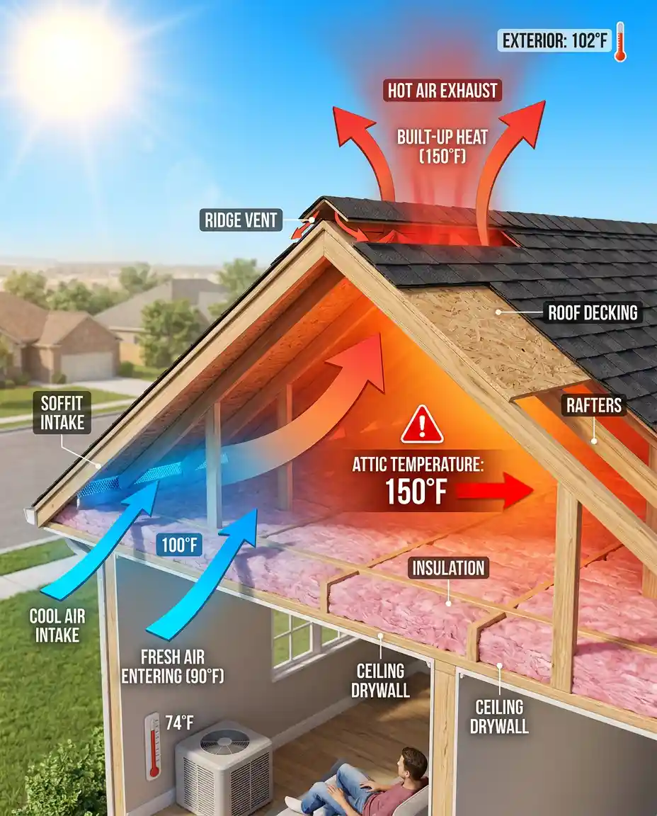 heat-travel-through-roof-attic-on-hot-days-in-dallas Illustration of how heat affects homes and ventilation systems around Dallas
