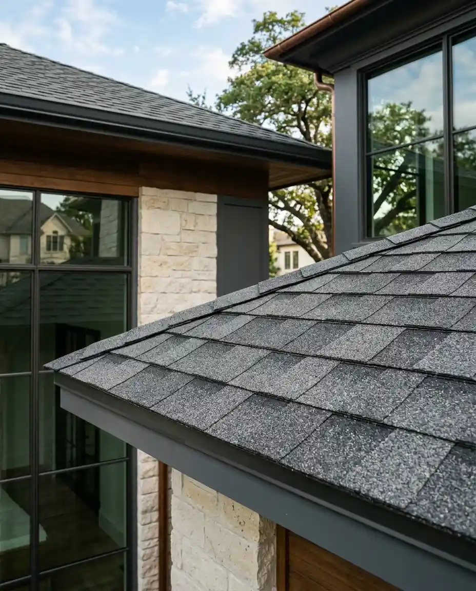 high-caliber-job-gaf-class-4-shingles-beautiful-ridgeline Showing the caliber of work performed by EDP - GAF charcoal gray class 4 asphalt shingle installation luxury home