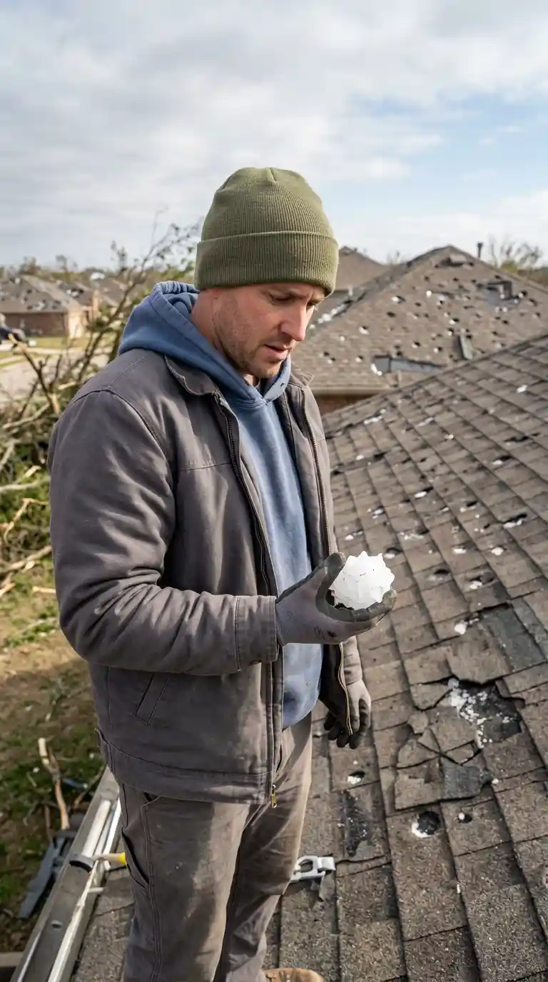 man-holding-giant-hailstone-roof-damage-in-background showing the kind of hailstones that damage roofs in the dallas area