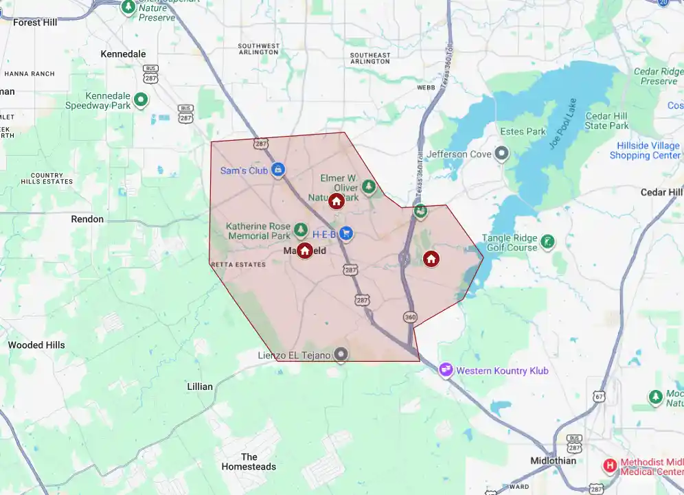 Map of EDP Roofing forensic hail restoration projects in Mansfield TX, serving Walnut Creek and Mansfield National.