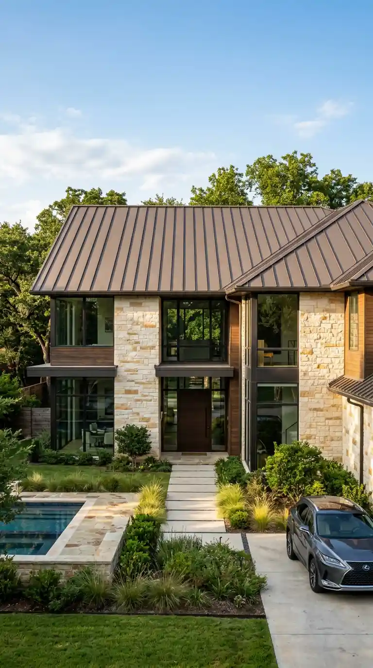 matte-bronze-metal-roof-dallas-architectural architectural photo of a Dallas residential home featuring a matte bronze standing seam metal roof
