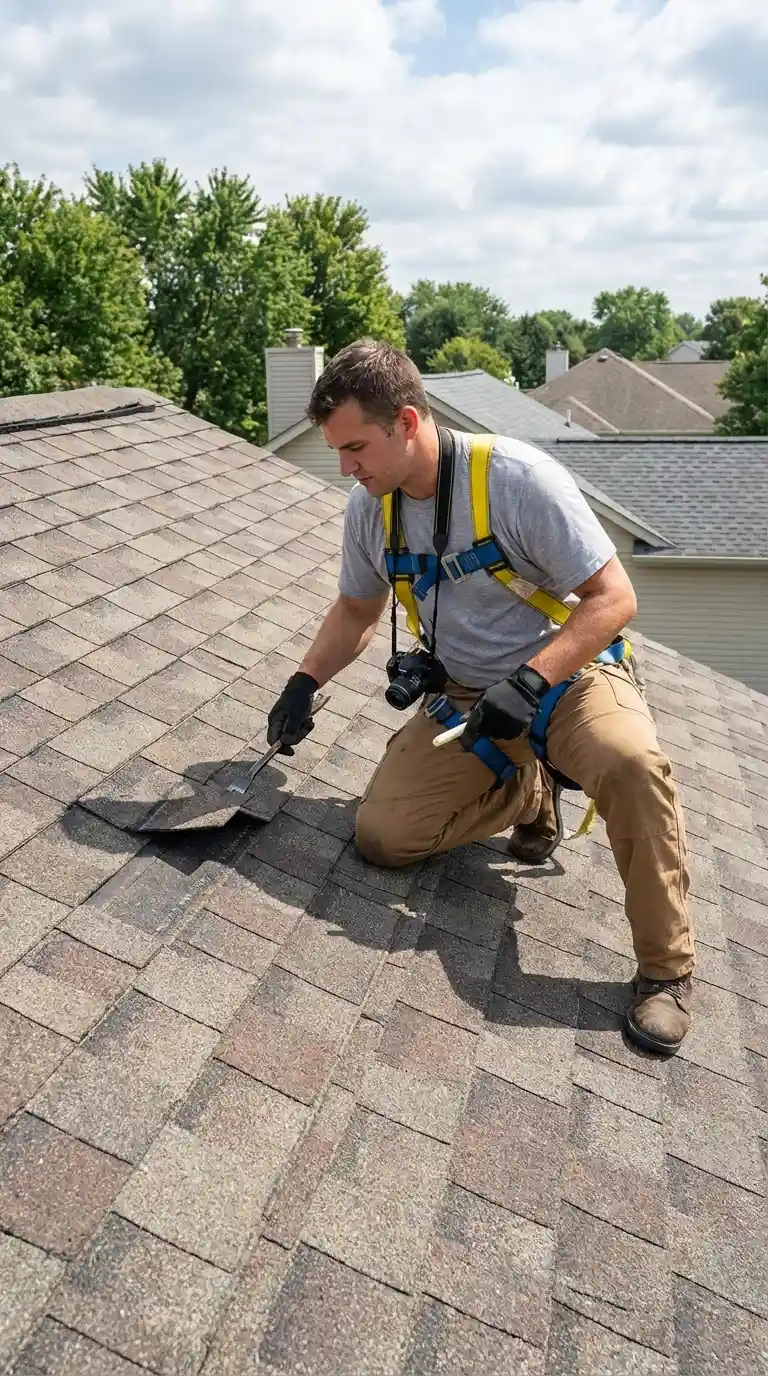 roofer inspecting roof after hail storm