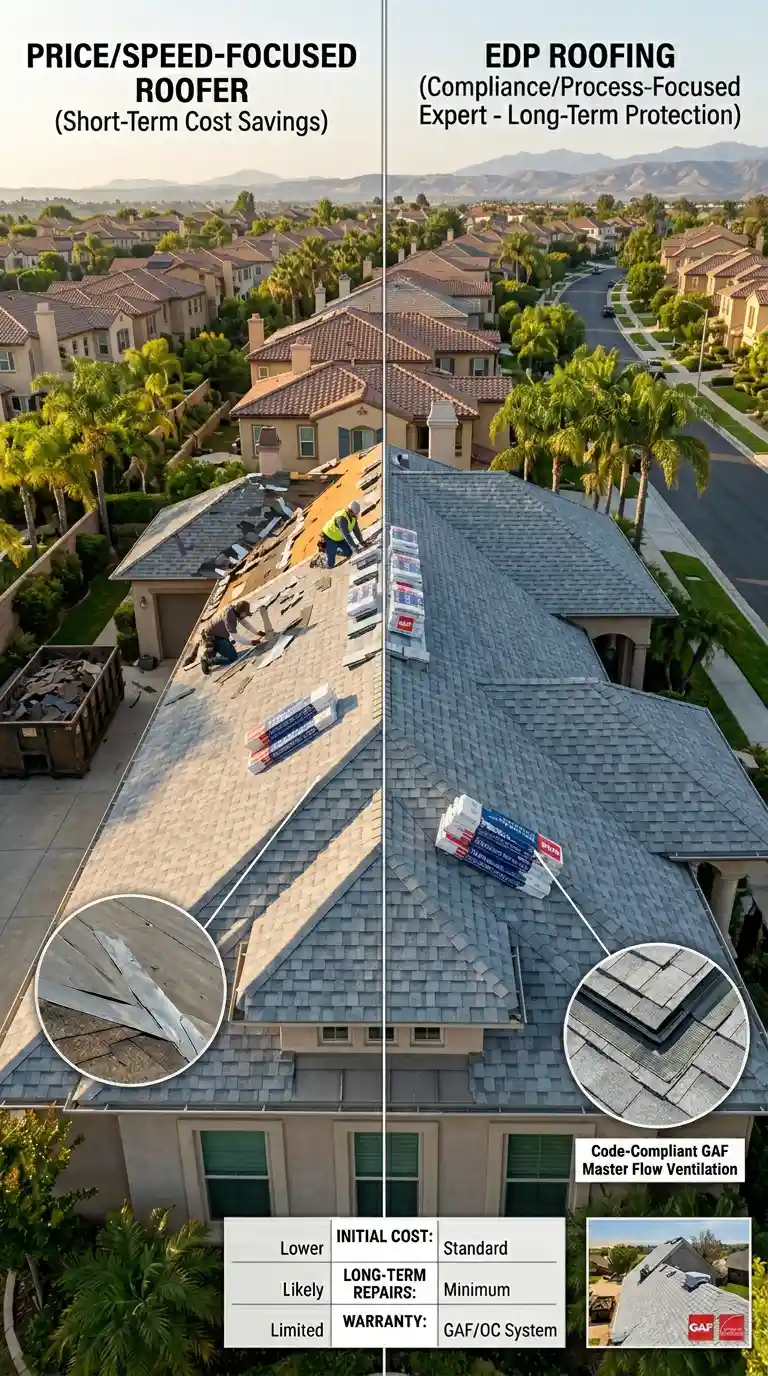 roofer-type-comparison-price-shoppers-vs-certified-local-expert-roofers Illustrating the difference be tween a price/speed roofer vs local experts EDP